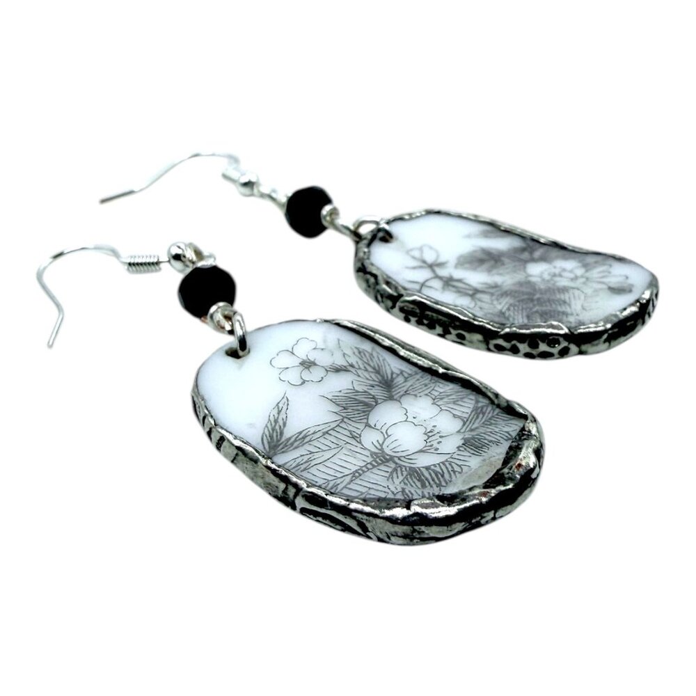 Florentine Sango Broken China Earrings - Vintage Floral Sterling Silver Dangles - Picture 7 of 14